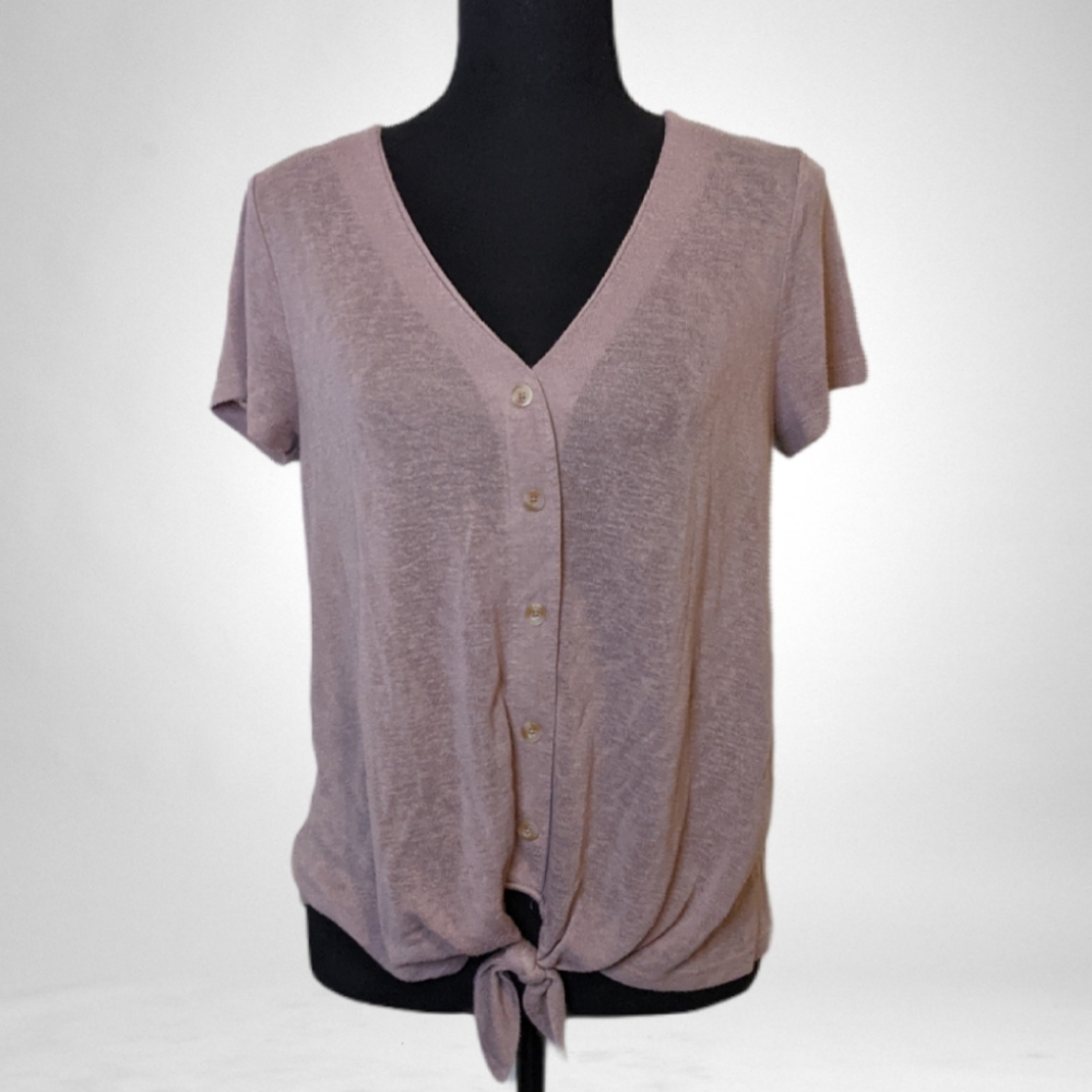 Pink Rose Front Tie Button Blouse L